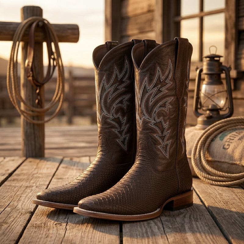 Load image into Gallery viewer, 8002 - RockinLeather Men's Sanded Chocolate Python Square Toe Western Boot
