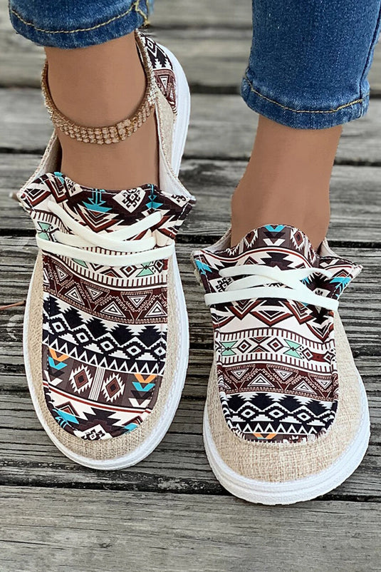 DLLSHOE 42 - Brown Vintage Aztec Patchwork Lace-Up Decor Flat Shoes