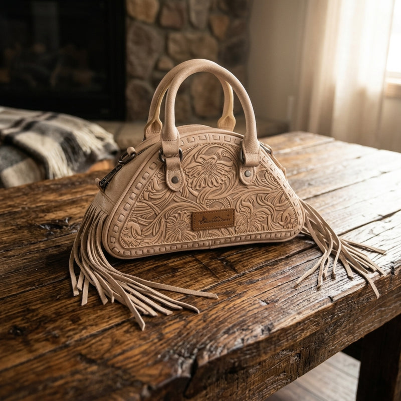 Load image into Gallery viewer, MW1363-889TN - Montana West Tooled Floral Fringe Dome Satchel Bag - Tan
