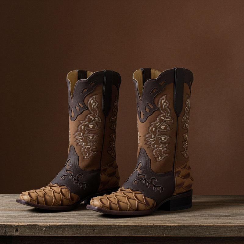 Load image into Gallery viewer, 1244 - RockinLeather Men&#39;s Pirarucu Print Leather Boot W/Overlay
