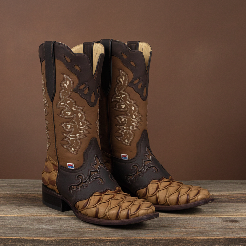 Load image into Gallery viewer, 1244 - RockinLeather Men&#39;s Pirarucu Print Leather Boot W/Overlay
