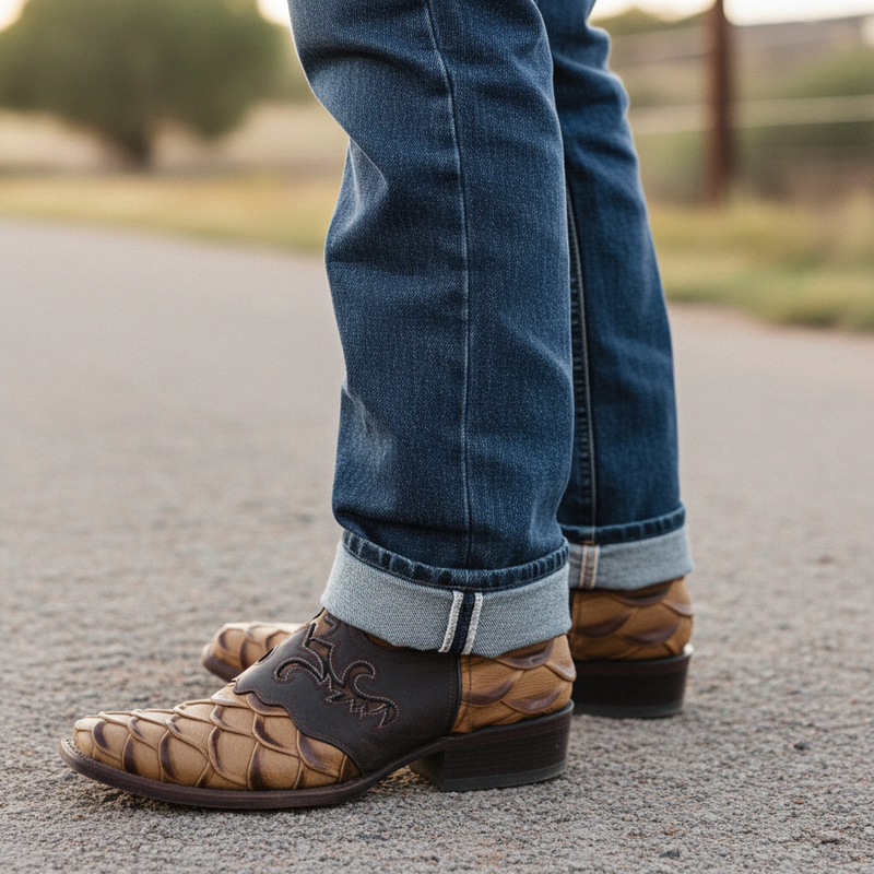 Load image into Gallery viewer, 1244 - RockinLeather Men&#39;s Pirarucu Print Leather Boot W/Overlay
