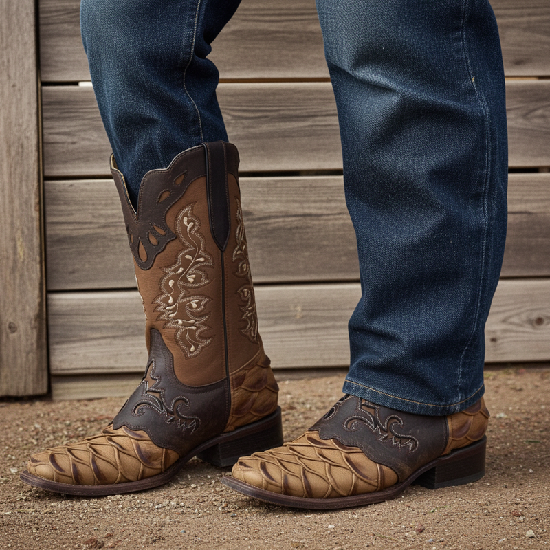 Load image into Gallery viewer, 1244 - RockinLeather Men&#39;s Pirarucu Print Leather Boot W/Overlay
