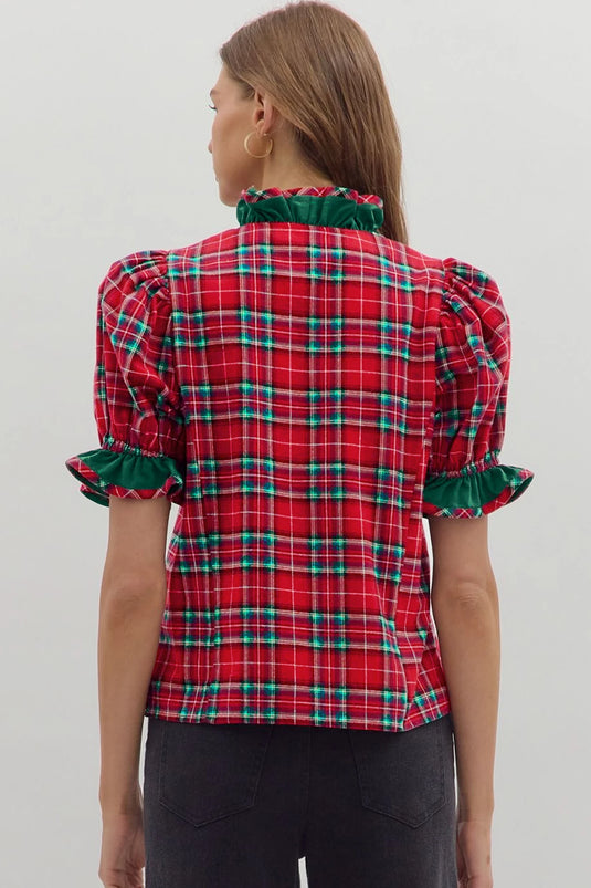 DLLS856 - Ladies Red Plaid V Neck Ruffle Color Block Trim Short Sleeve Shirt