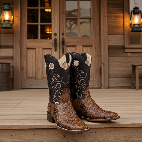 1229 - RockinLeather Men's Capuccino Stamped Cowhide Leather Boot