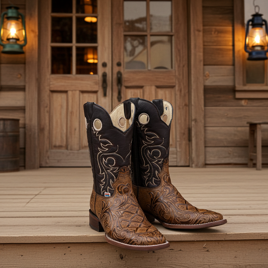 1229 - RockinLeather Men's Capuccino Stamped Cowhide Leather Boot