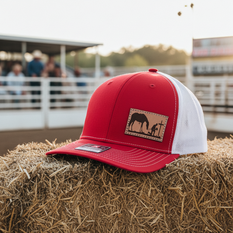Load image into Gallery viewer, CP103 - Cowboy Prayer Leather Patch Red/White Cap

