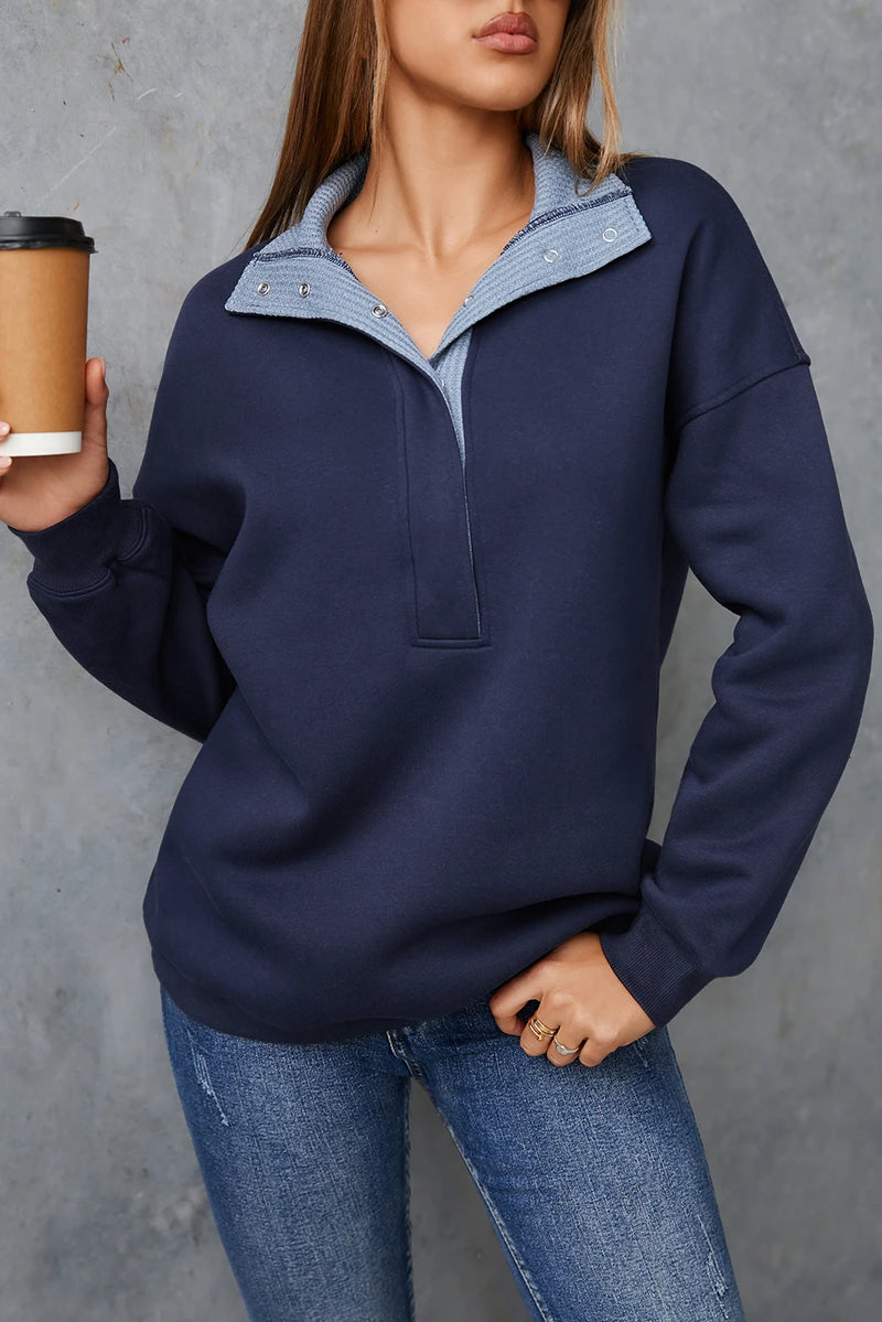 Load image into Gallery viewer, DLLS1120 - Ladies Blue Contrast Textured Placket Metal Button Pullover Sweatshirt
