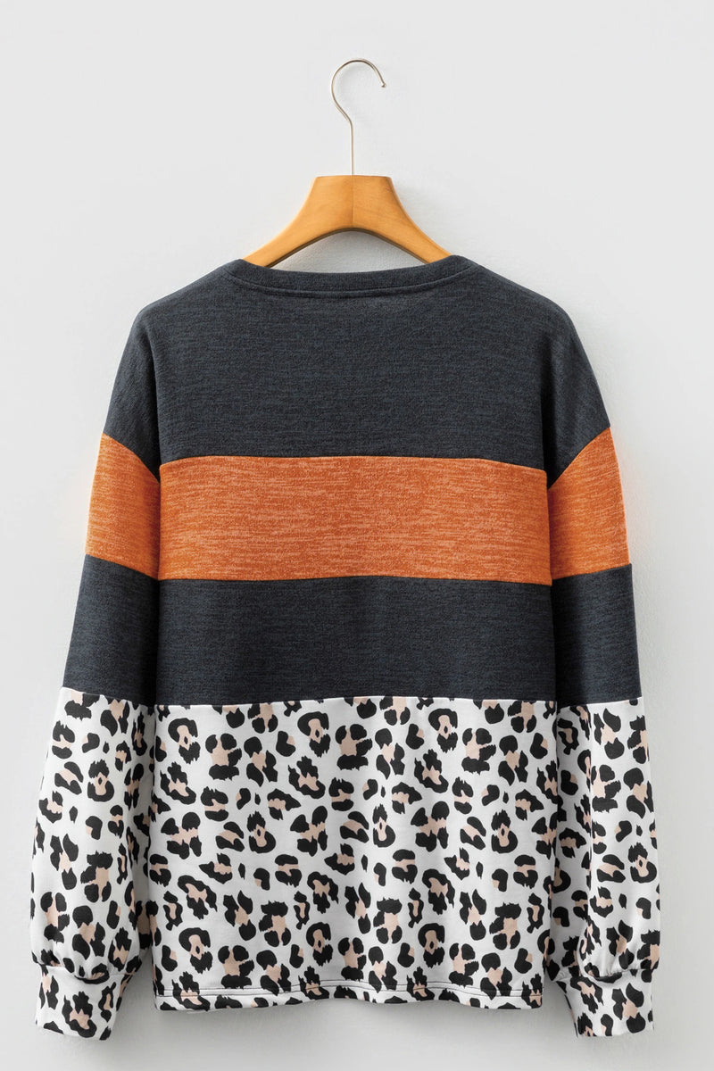 Load image into Gallery viewer, DLLS315 - Ladies Black Color Block Leopard Patchwork Long Sleeve Casual Top
