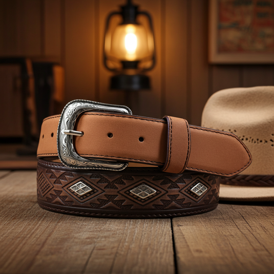 CP1013 - Cowboy Prayer Cowhide Leather Belt w/Aztec Print