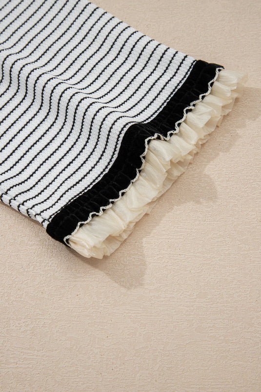 DLLS296 - Ladies White Stripe Contrasted Ruffle Trim Loose Long Sleeve Top