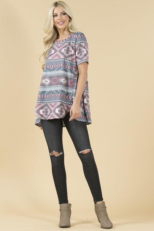 AVER21 - Ladies Aztec Print Short Sleeve Hem Detail Rayon Top