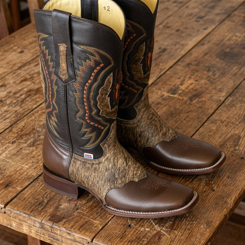 Load image into Gallery viewer, 1249 - RockinLeather Men's Chocolate Ranch with Cowhair Overlay Western Boot
