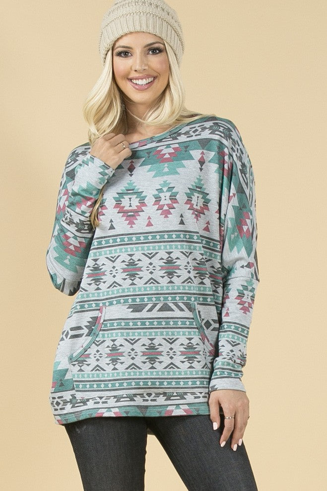 Load image into Gallery viewer, AVER15 - Ladies Aztec Print Front Pocket French Terry Top

