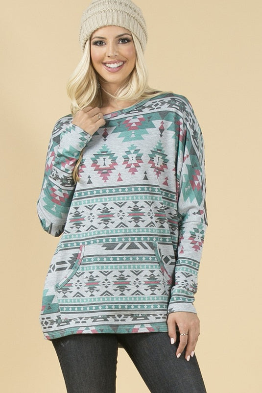 AVER15 - Ladies Aztec Print Front Pocket French Terry Top