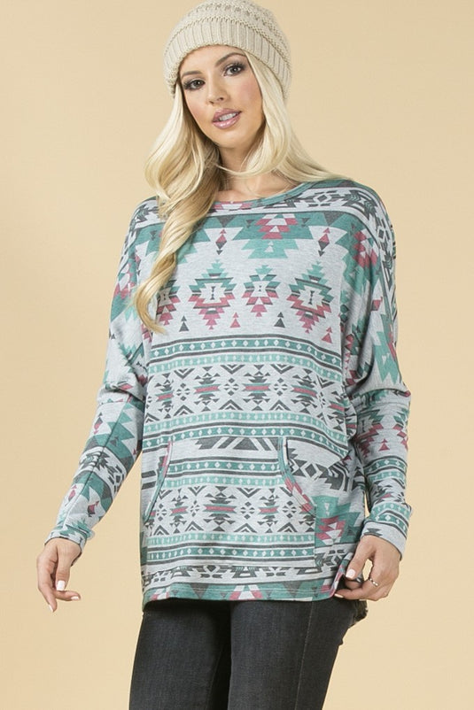 AVER15 - Ladies Aztec Print Front Pocket French Terry Top