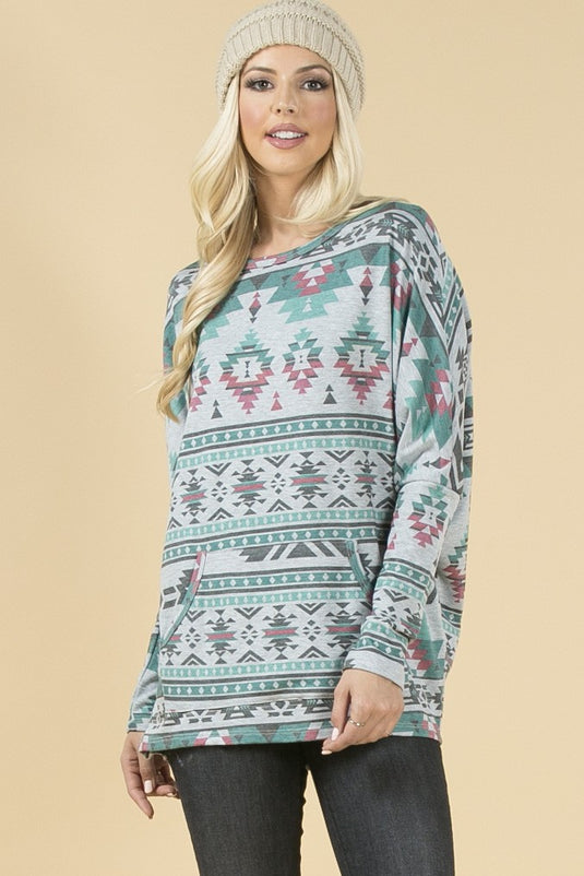 AVER15 - Ladies Aztec Print Front Pocket French Terry Top