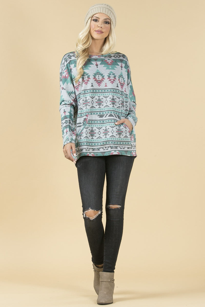 Load image into Gallery viewer, AVER15 - Ladies Aztec Print Front Pocket French Terry Top
