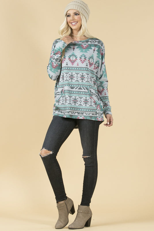 AVER15 - Ladies Aztec Print Front Pocket French Terry Top