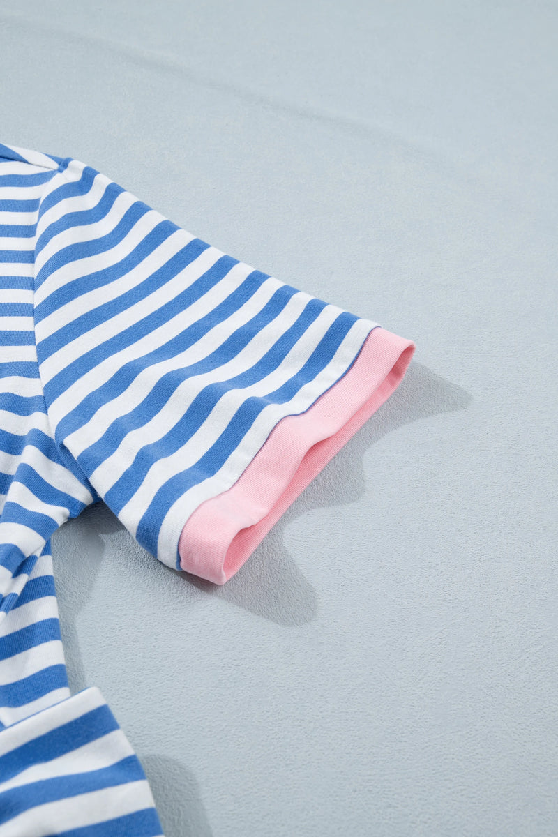 Load image into Gallery viewer, DLLS571 - Ladies Sky Blue Stripe Nautical Tie Contrast Trim Round Neck T Shirt Mini Dress
