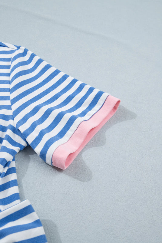 DLLS571 - Ladies Sky Blue Stripe Nautical Tie Contrast Trim Round Neck T Shirt Mini Dress
