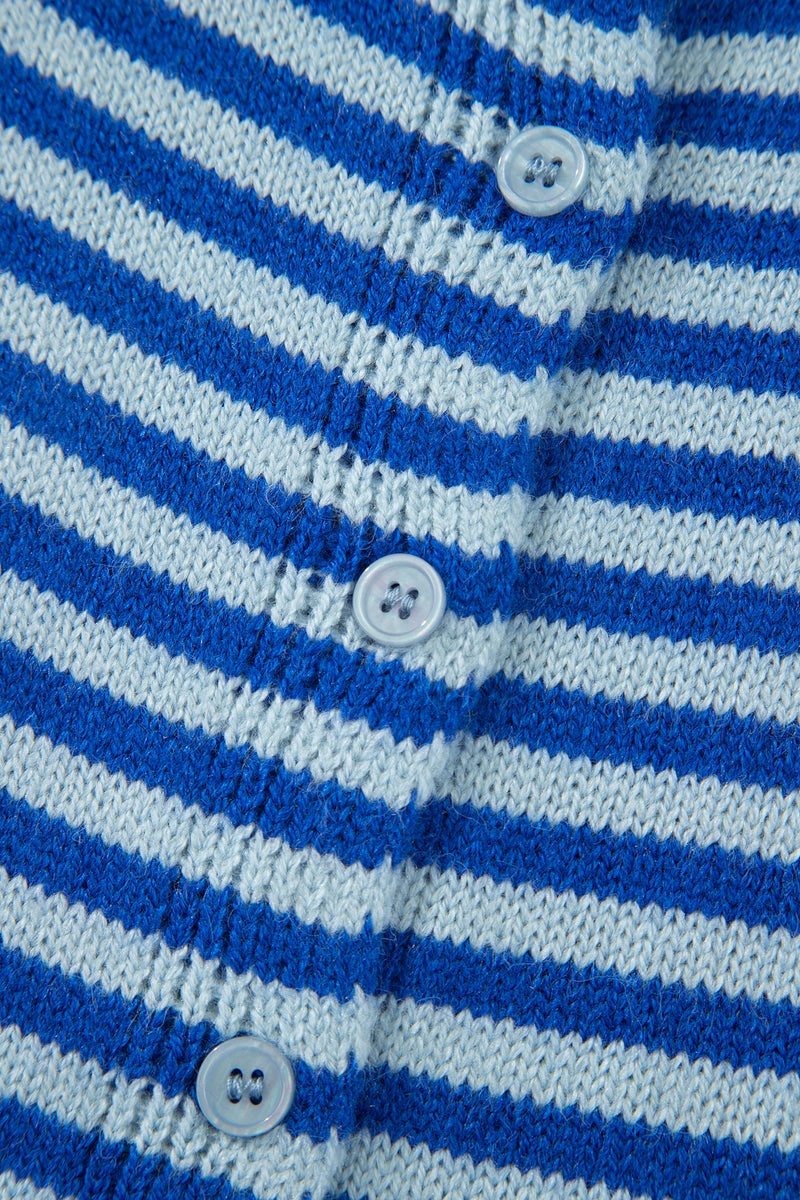 Load image into Gallery viewer, DLLS762 - Ladies Blue Stripe Loose Half Sleeve Knit Button Down Sweater Cardigan

