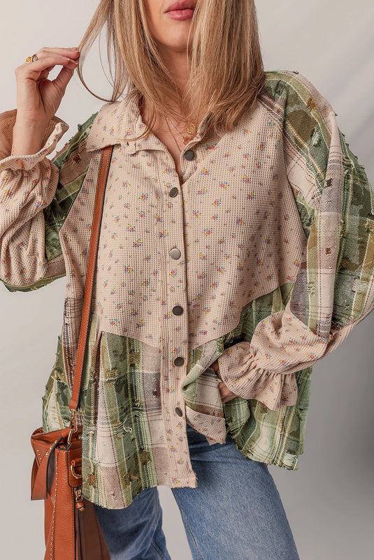 DLLS233 - Ladies Mist Green Boho Floral Plaid Patchwork Distressed Detail Ruffled Sleeve Waffle Knit Shacket