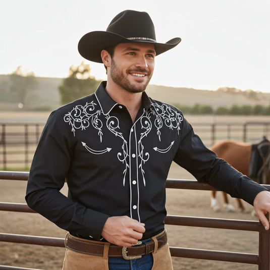 NIHMEN 3 - Men's Black Embroidered Western Shirt