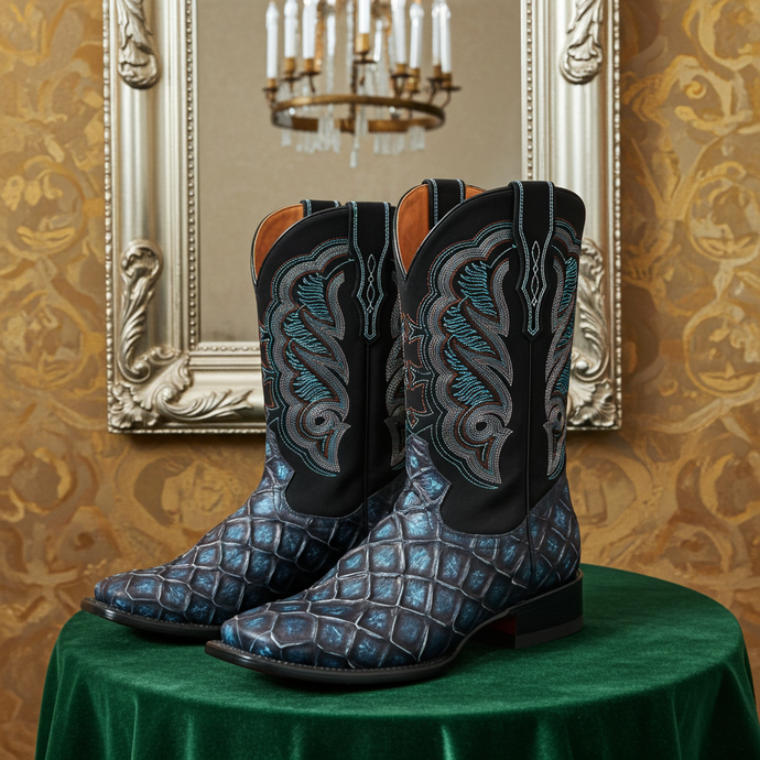 CP1707 - Cowboy Prayer Hand Crafted Blue Pirarucu Print Cowboy Boots