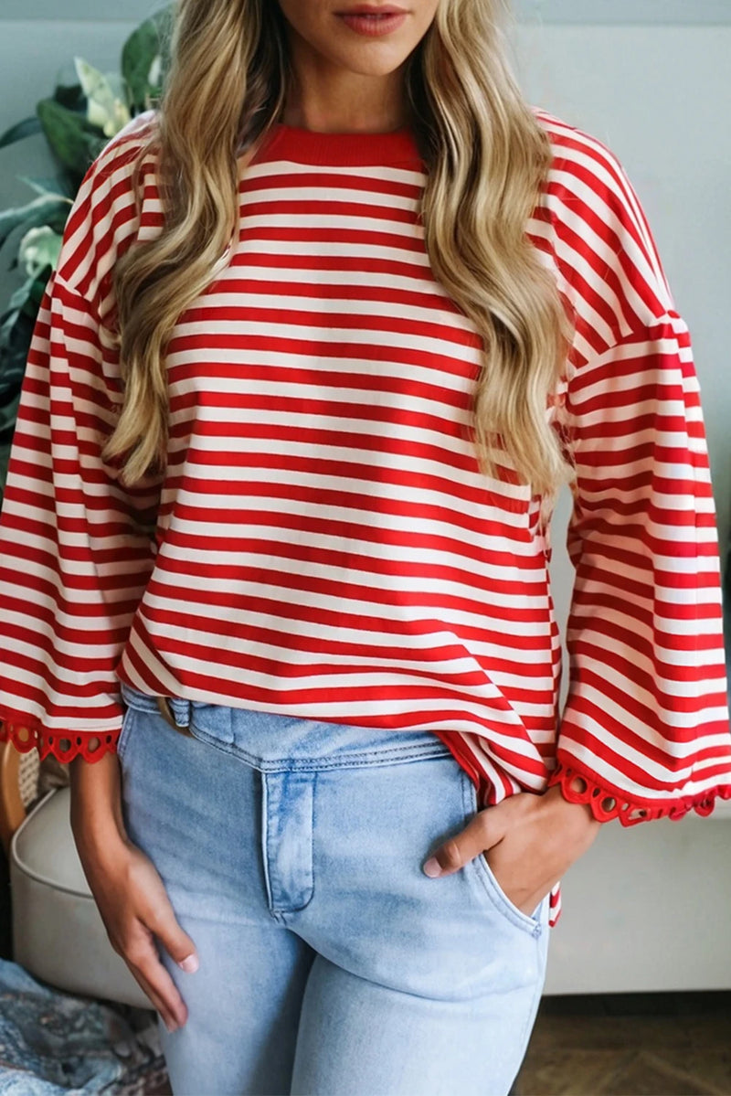 Load image into Gallery viewer, DLLS221 - Ladies Racing Red Striped Print Drop Shoulder Lace Trim Bracelet Sleeve Loose Top
