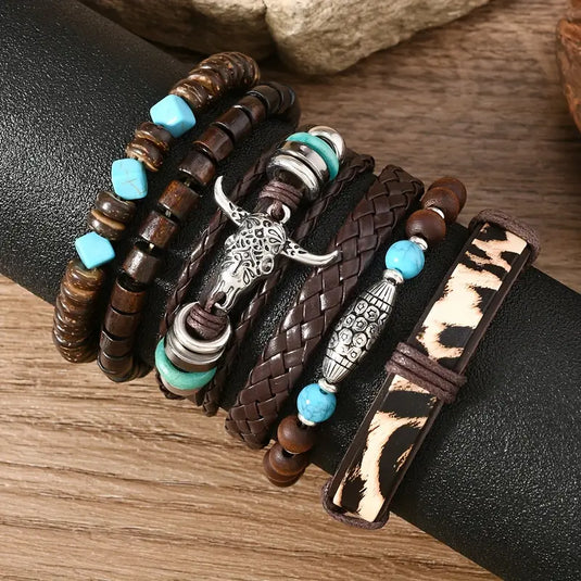 TMBC55 - 6 Piece PU Leather Bracelet Set W/Steer Head & Beads