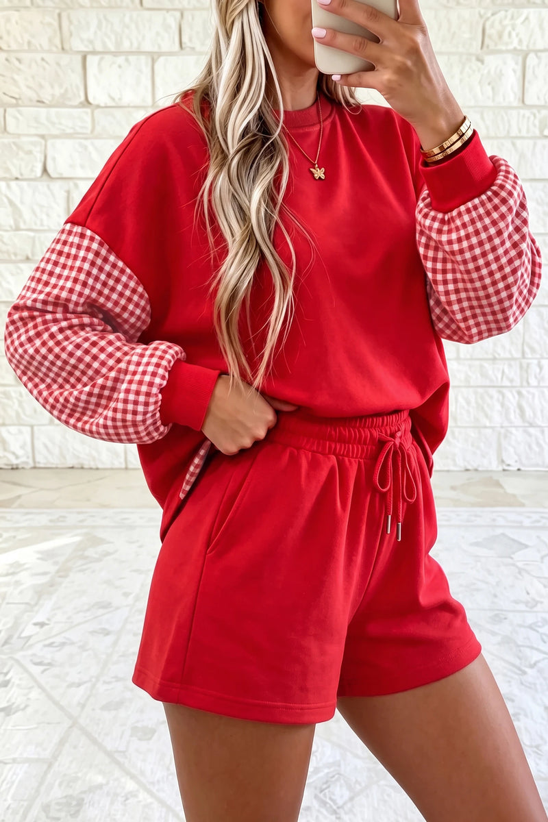 Load image into Gallery viewer, DLLS1011 - Ladies Red Plaid Patchwork Long Sleeve Top Solid Drawstring Shorts Set
