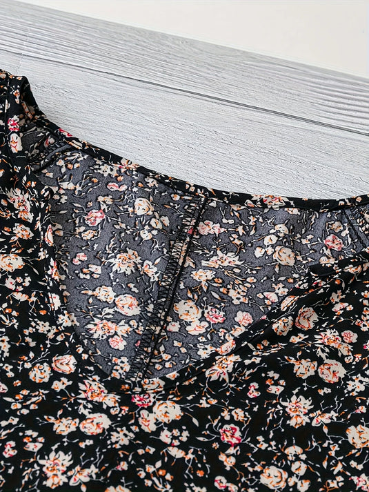 TMTSHT106 - Ladies Black Floral Print V Neck Shirt