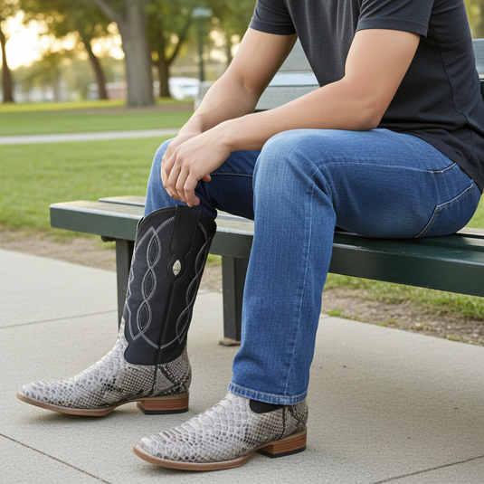 8005 - RockinLeather Men's Natural Python Square Toe Western Boot