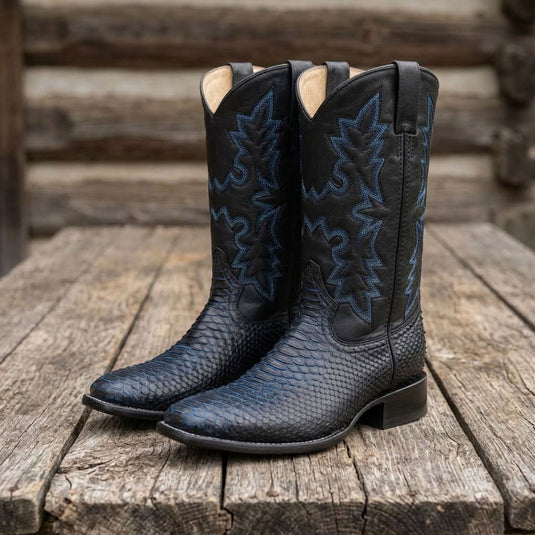CP5008 - Cowboy Prayer Men's Black Python Print w/Blue Underlay Western Boots