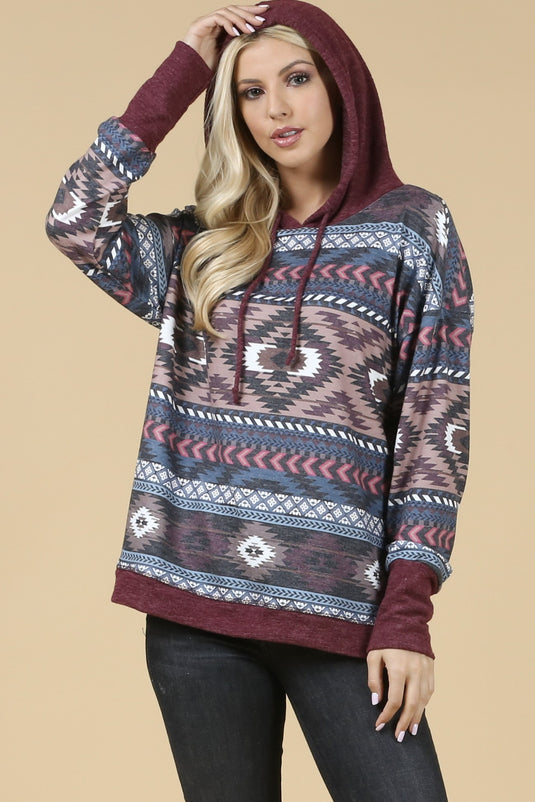 AVER12 - Ladies Burgundy Aztec Print Color Block Hoodie