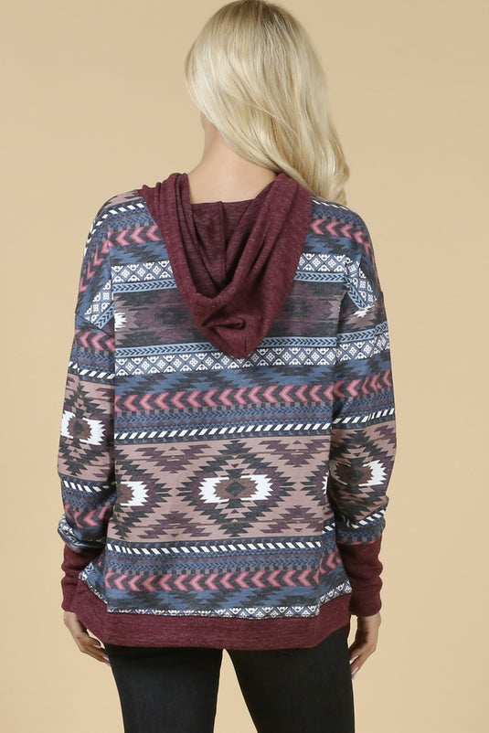AVER12 - Ladies Burgundy Aztec Print Color Block Hoodie