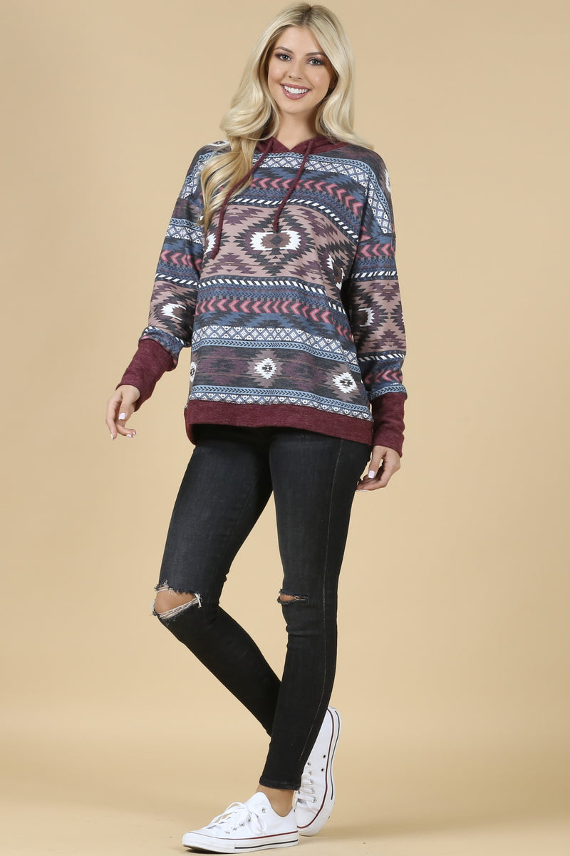 Load image into Gallery viewer, AVER12 - Ladies Burgundy Aztec Print Color Block Hoodie
