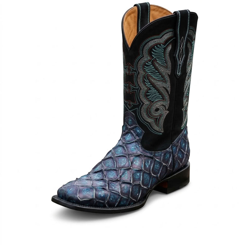 Load image into Gallery viewer, CP1707 - Cowboy Prayer Hand Crafted Blue Pirarucu Print Cowboy Boots
