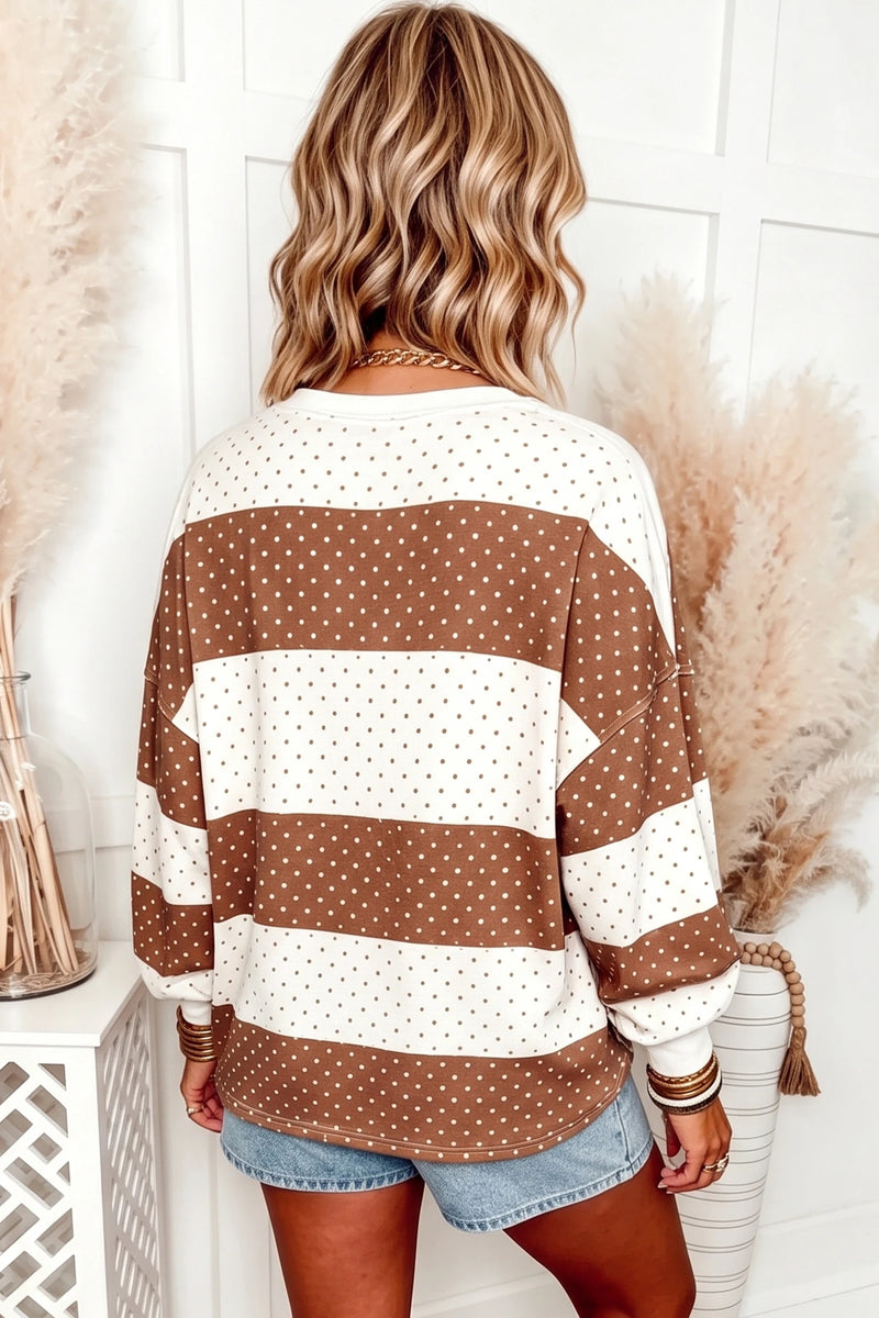 Load image into Gallery viewer, DLLS1075 - Ladies Brown Polka Dot Patchwork Colorblock Long Sleeve Top
