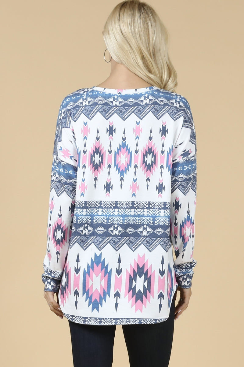 Load image into Gallery viewer, AVER16 - Ladies Aztec Print V Neck Detail Hacci Top
