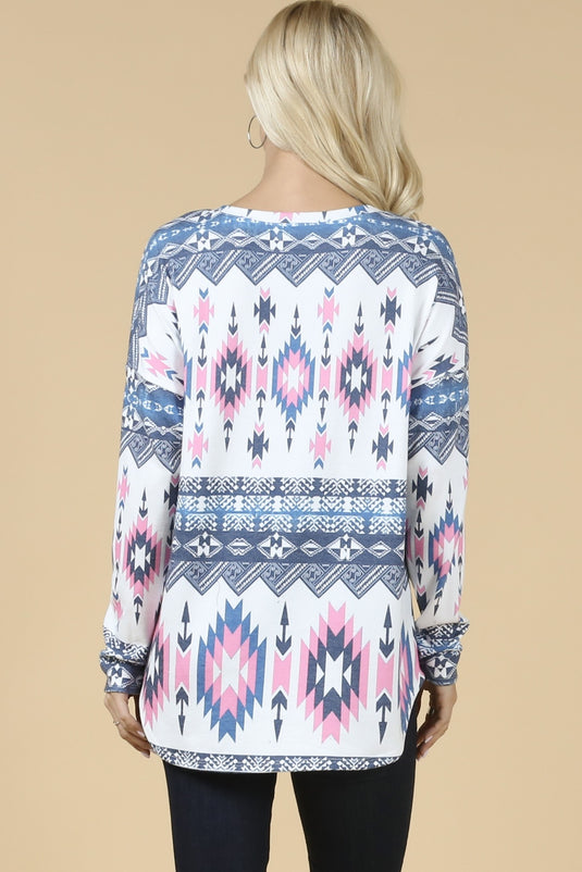 AVER16 - Ladies Aztec Print V Neck Detail Hacci Top