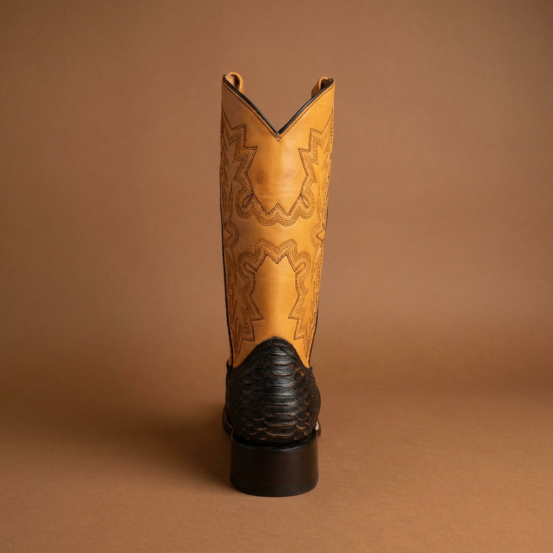 Load image into Gallery viewer, CP5007 - Cowboy Prayer Black Python Print w/Yellow Underlay Western Boot
