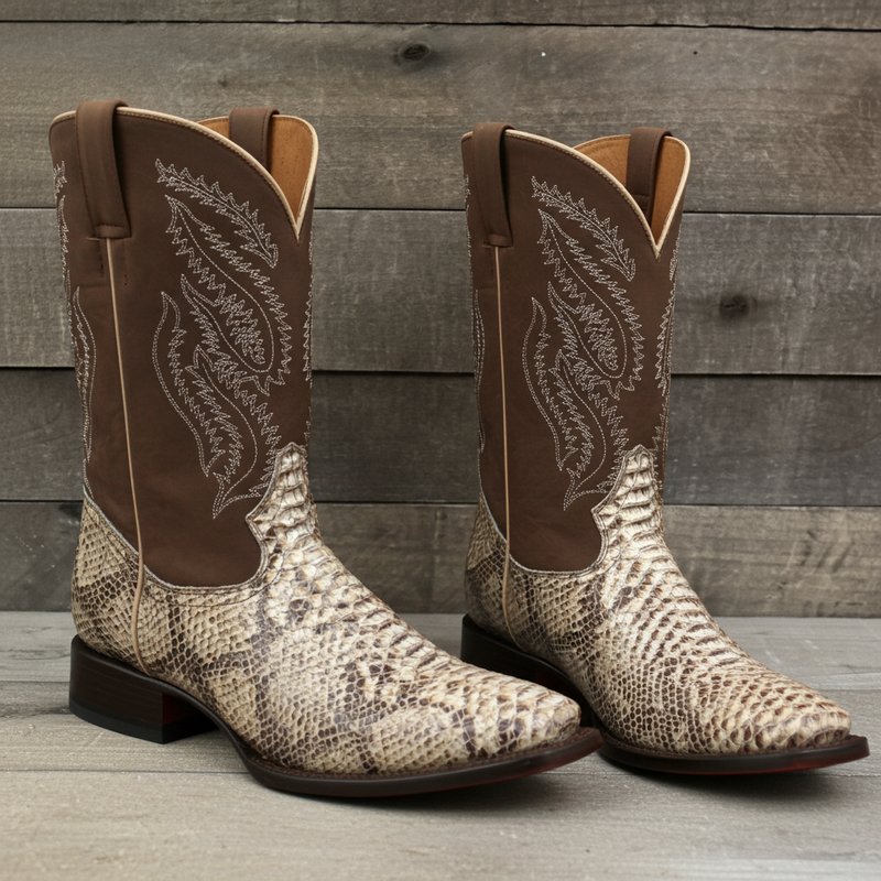 Load image into Gallery viewer, CP1705 - Cowboy Prayer Hand Crafted Natural Python Print Cowboy Boots
