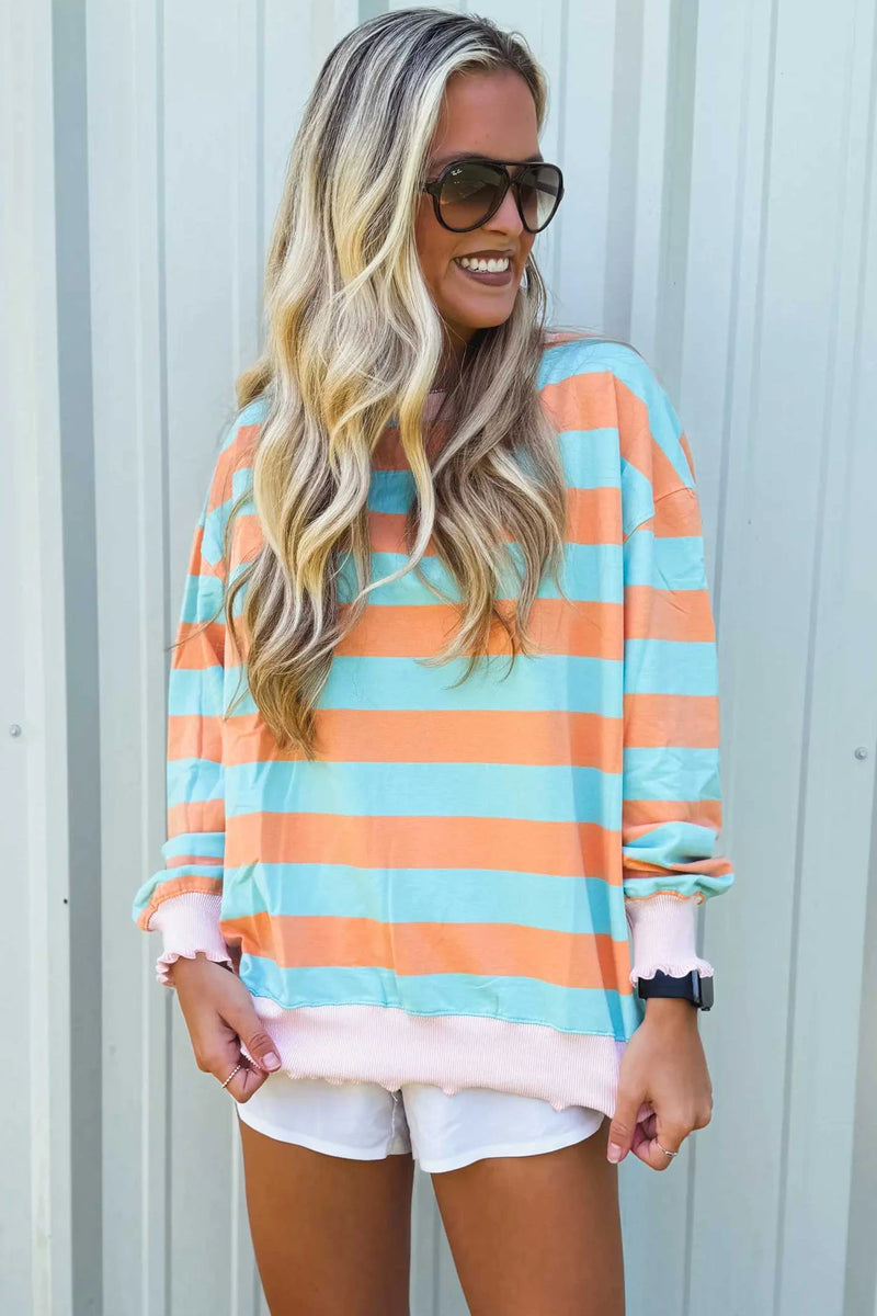 Load image into Gallery viewer, DLLS864 - Ladies Orange Stripe Pullover Long Sleeve Top
