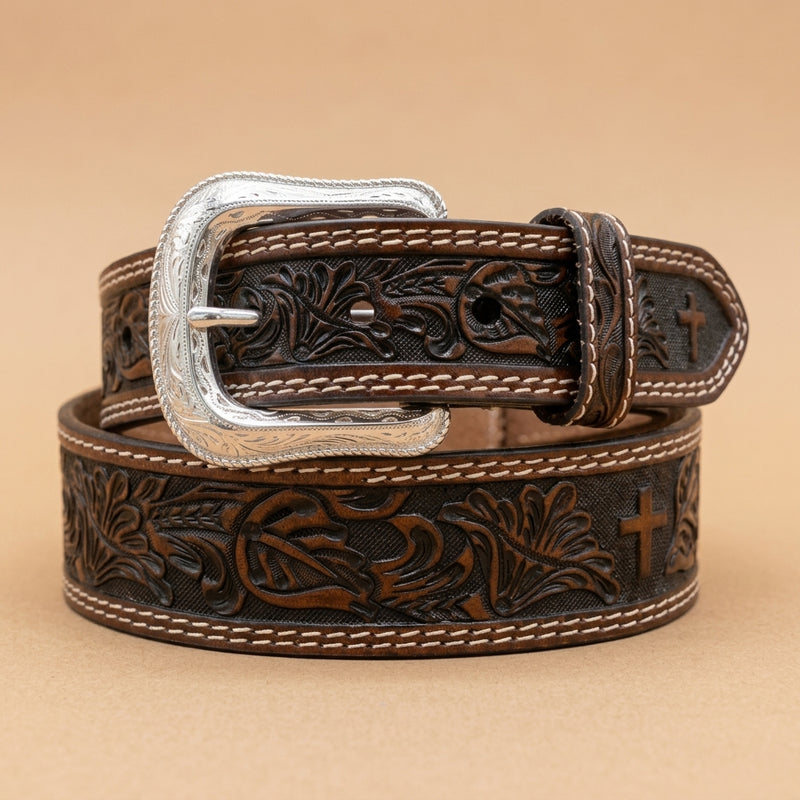 Load image into Gallery viewer, 2725 - Men's Brown Belt With Floral &amp; Cross Tooling
