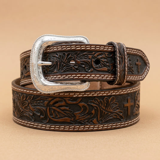 2725 - Men's Brown Belt With Floral & Cross Tooling