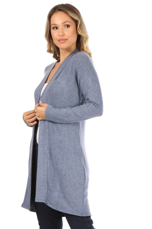MOATSHT5 - Ladies Heather Blue Knit, Knee Length, Duster Cardigan
