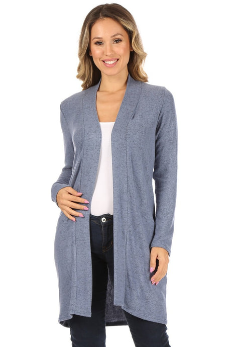 MOATSHT5 - Ladies Heather Blue Knit, Knee Length, Duster Cardigan