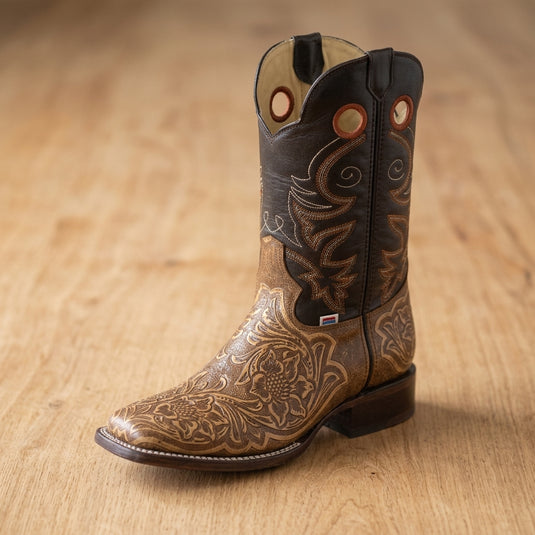 1238 - RockinLeather Men's Antique Brown Stamped Cowhide Leather Boot